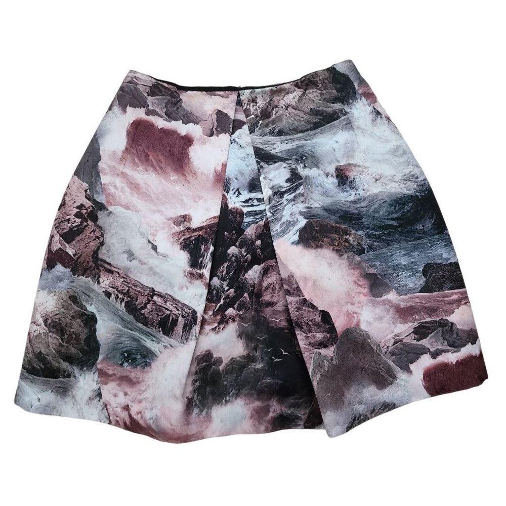 Carven Mini Skirt Ocean Scene Pleated Front Pink Grey 2 34